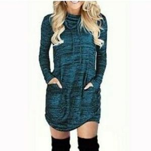 LAST ONE New Marled blue cowl neck long sleeve dress pockets L